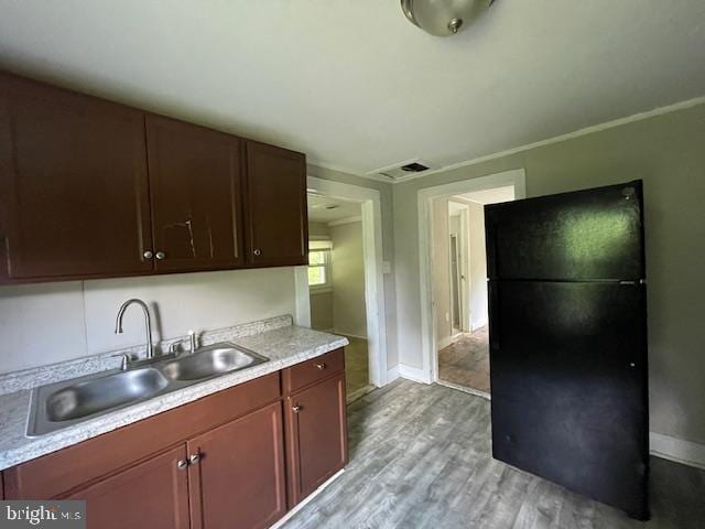 kitchen featuring light wood-type flooring, crown molding, and sink