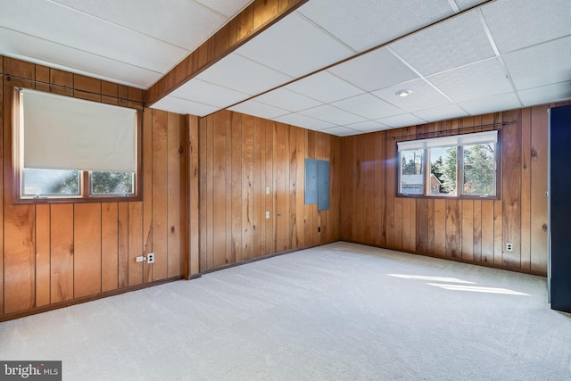 carpeted spare room with a drop ceiling and wooden walls