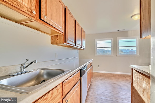 kitchen with light hardwood / wood-style flooring, stainless steel dishwasher, and sink