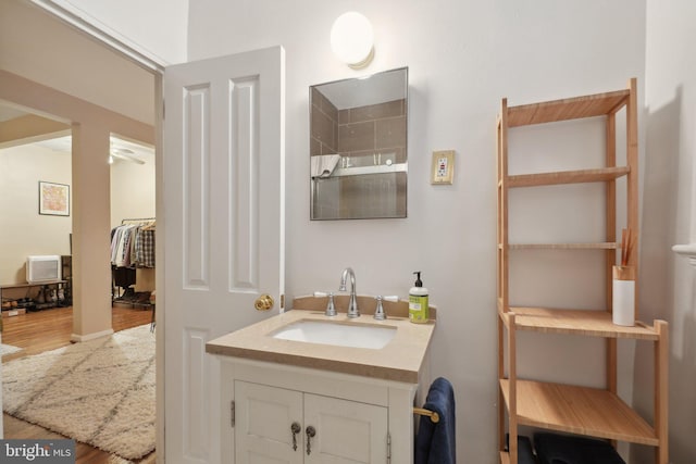 bathroom featuring a ceiling fan, vanity, and wood finished floors