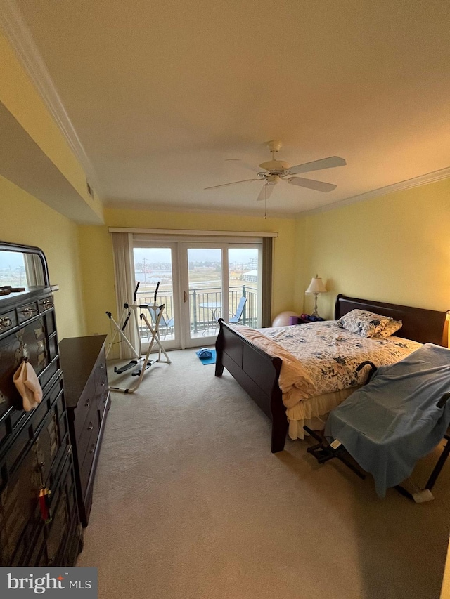 bedroom with access to exterior, light colored carpet, ceiling fan, and crown molding