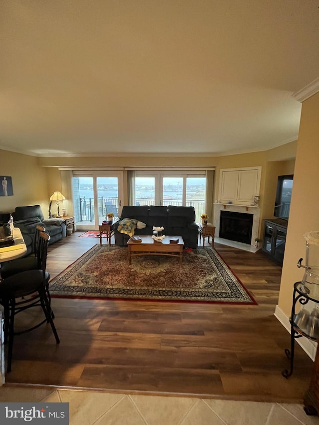 living room featuring ornamental molding, hardwood / wood-style flooring, and a healthy amount of sunlight