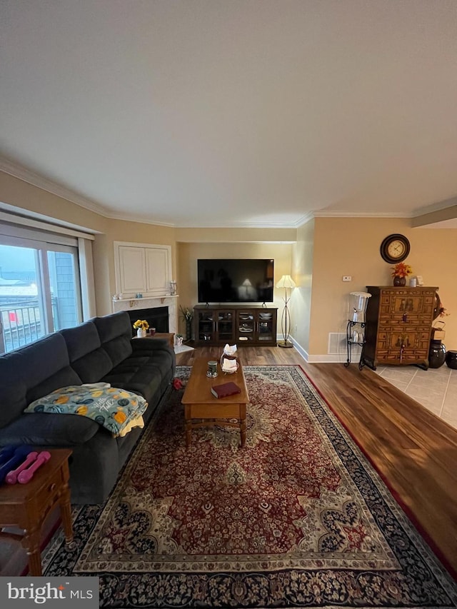 living room with crown molding and light hardwood / wood-style flooring