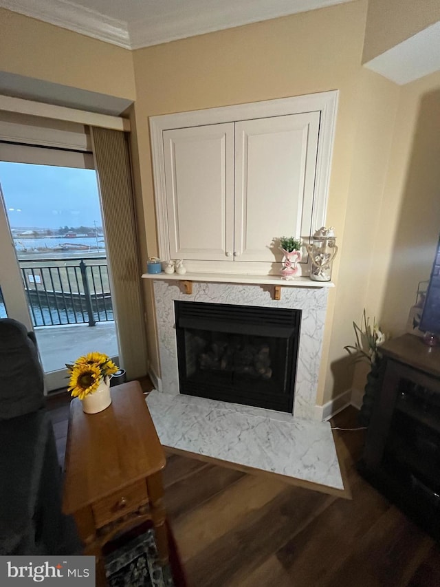 living room with wood-type flooring, a premium fireplace, and ornamental molding