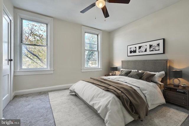 carpeted bedroom with ceiling fan and multiple windows