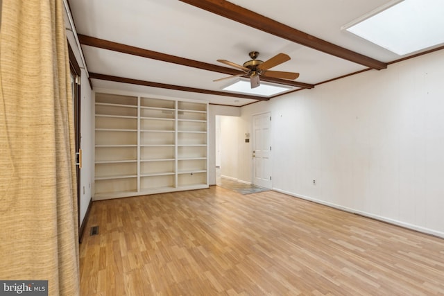 unfurnished bedroom featuring wooden walls, a skylight, ceiling fan, beamed ceiling, and light hardwood / wood-style floors