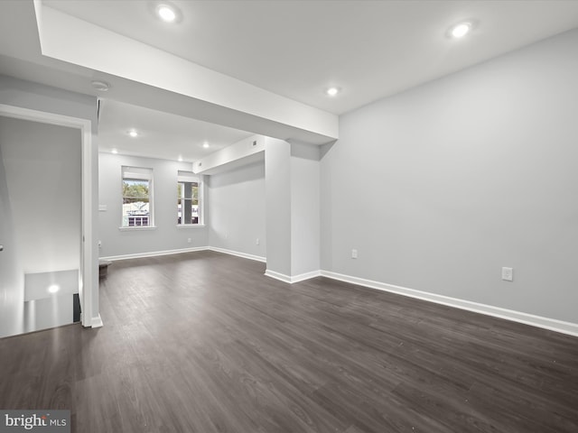 unfurnished living room with dark wood-type flooring