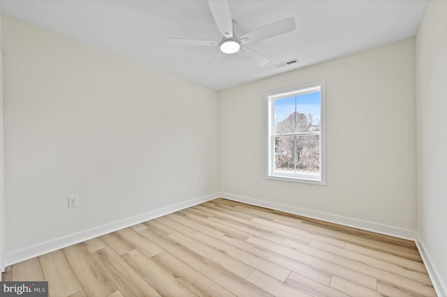 empty room featuring ceiling fan and light hardwood / wood-style floors