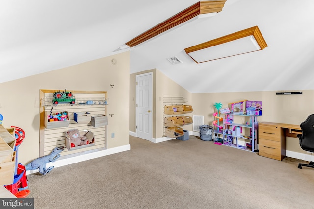 playroom with vaulted ceiling and carpet flooring