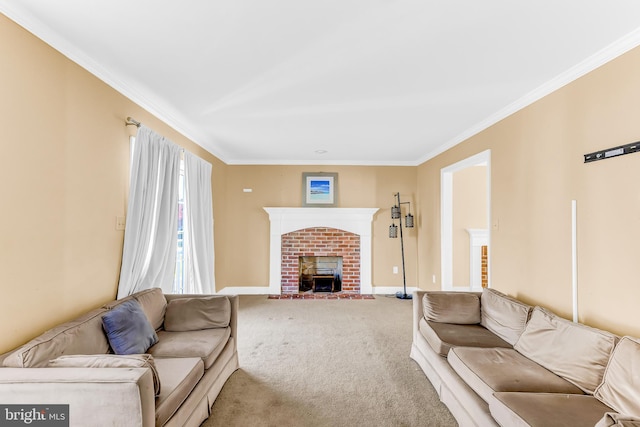 carpeted living room featuring a brick fireplace and crown molding