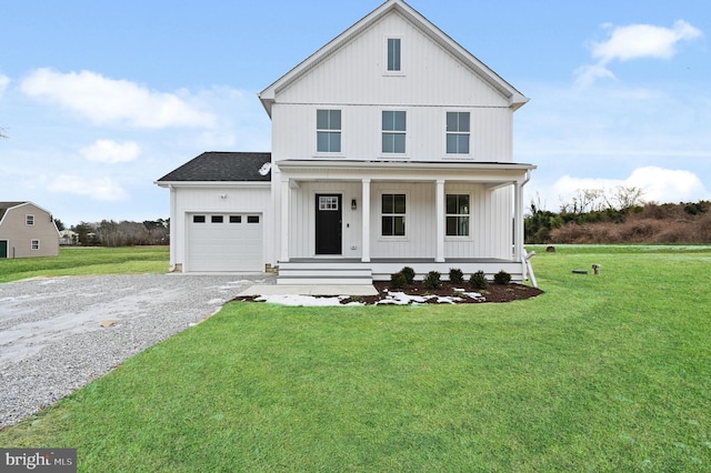 modern farmhouse with a garage, covered porch, and a front yard