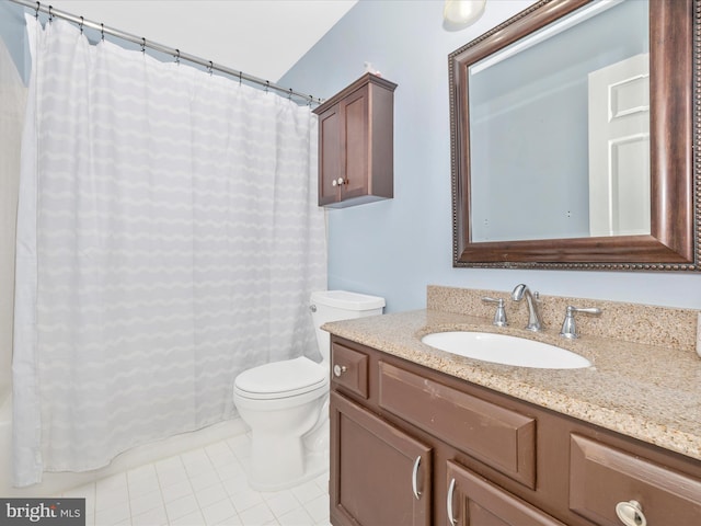 bathroom featuring tile patterned flooring, vanity, toilet, and a shower with shower curtain