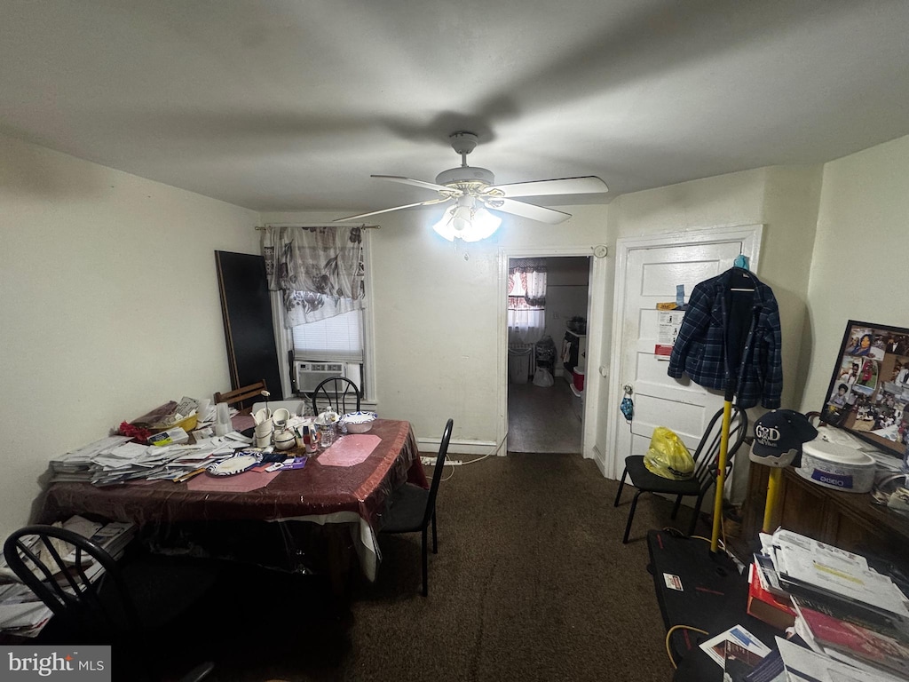 carpeted dining space with ceiling fan and cooling unit