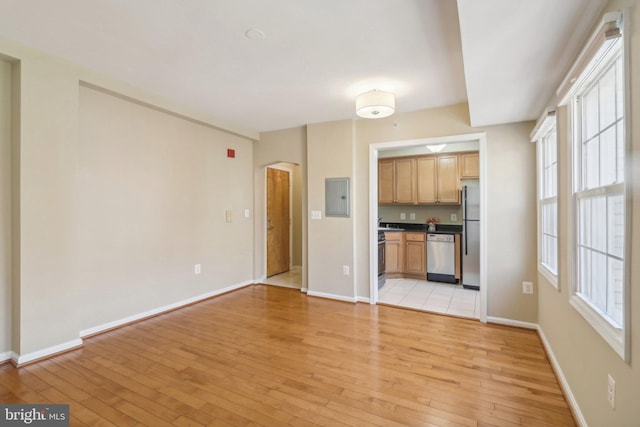 unfurnished living room featuring electric panel and light hardwood / wood-style flooring