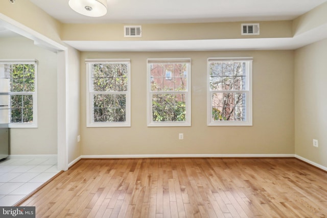 spare room featuring a wealth of natural light and light hardwood / wood-style flooring