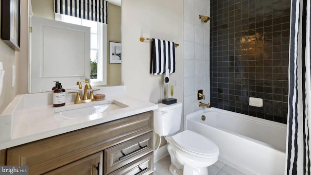 full bathroom with shower / tub combo with curtain, vanity, toilet, and tile patterned flooring