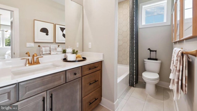 full bathroom with shower / bath combination with curtain, tile patterned floors, a healthy amount of sunlight, and vanity