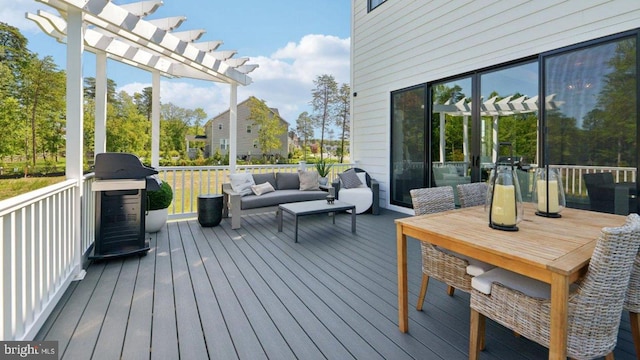 deck with outdoor lounge area, grilling area, and a pergola