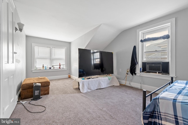 bedroom featuring carpet flooring, cooling unit, and lofted ceiling