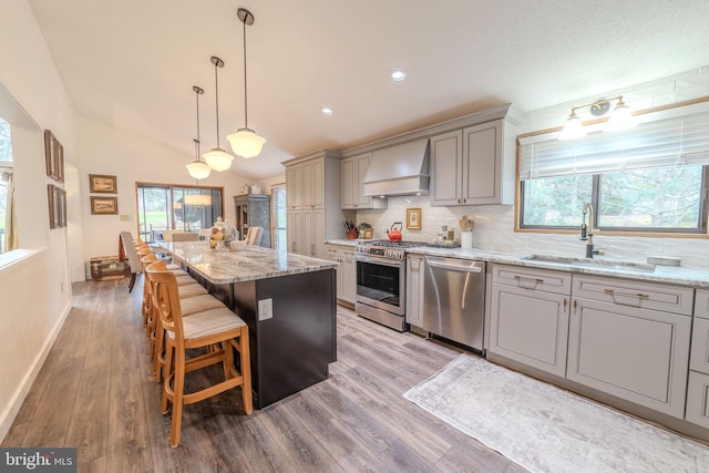 kitchen featuring a center island, premium range hood, sink, light hardwood / wood-style flooring, and appliances with stainless steel finishes