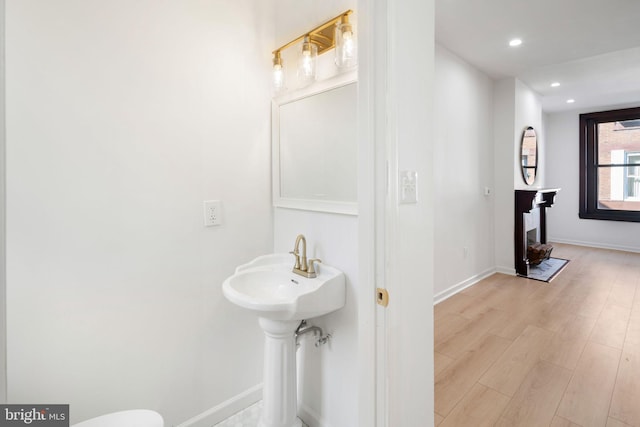 bathroom with wood-type flooring