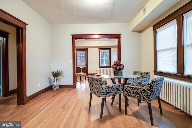 dining area featuring plenty of natural light, light wood-type flooring, and radiator