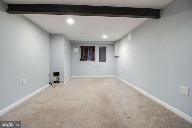 basement with electric panel and carpet floors