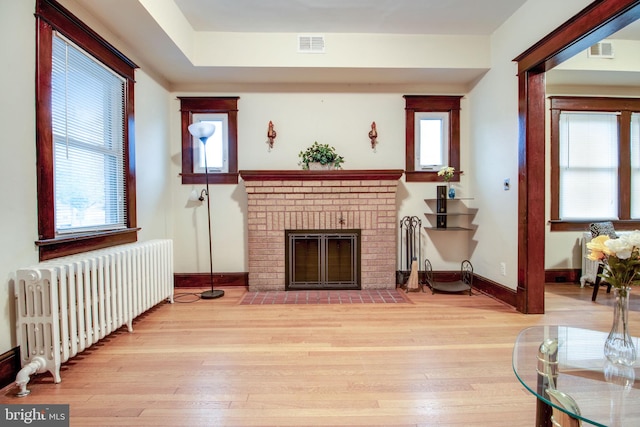 sitting room featuring radiator heating unit, light hardwood / wood-style floors, and plenty of natural light