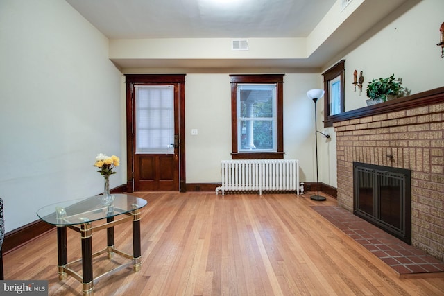 foyer featuring a wealth of natural light, light hardwood / wood-style floors, a fireplace, and radiator