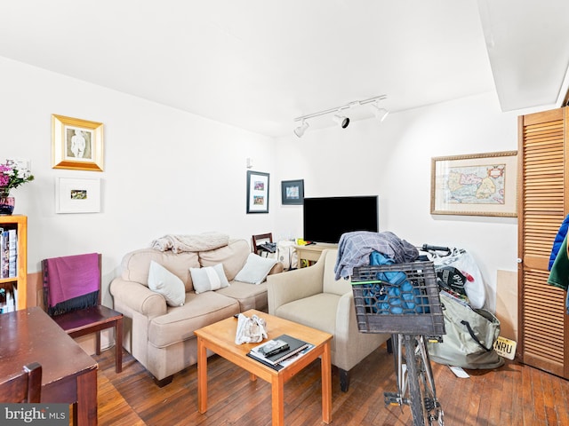 living room with hardwood / wood-style flooring and rail lighting