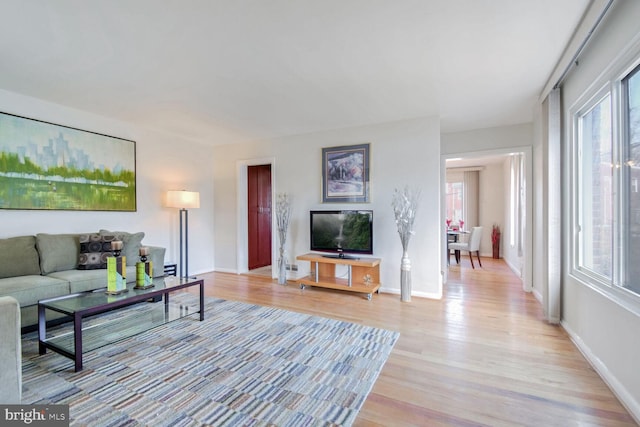 living room with light hardwood / wood-style flooring and a healthy amount of sunlight