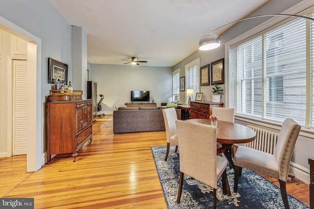 dining area with ceiling fan, light wood-type flooring, and a wealth of natural light