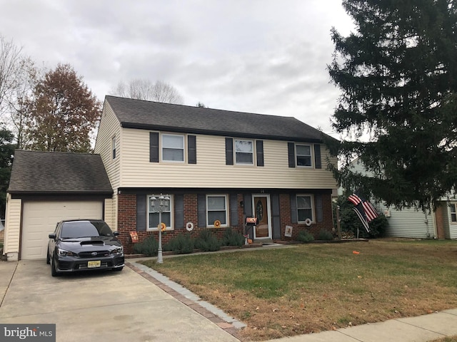 colonial inspired home with driveway, roof with shingles, an attached garage, a front lawn, and brick siding