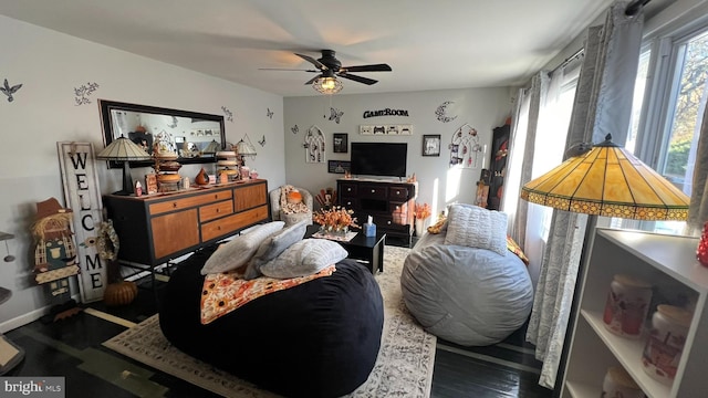 living room featuring ceiling fan and wood finished floors