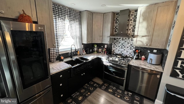 kitchen with wood finished floors, a sink, stainless steel appliances, wall chimney range hood, and backsplash