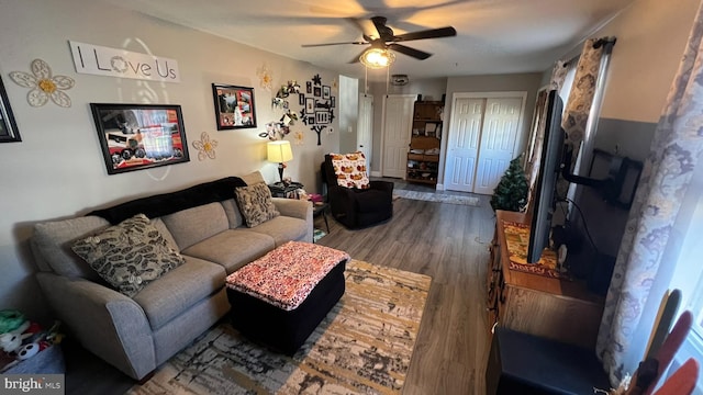 living area featuring a ceiling fan and wood finished floors