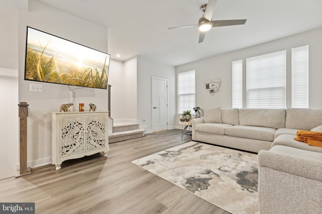 living room featuring ceiling fan and light hardwood / wood-style floors