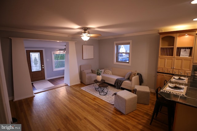 living room with wood-type flooring, ceiling fan, and crown molding