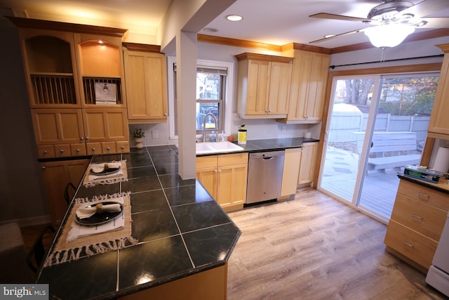 kitchen with ceiling fan, sink, stainless steel dishwasher, light wood-type flooring, and ornamental molding