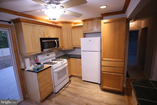 kitchen with ceiling fan, light hardwood / wood-style floors, white appliances, light brown cabinetry, and ornamental molding