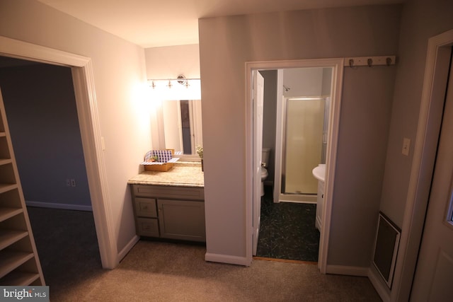 bathroom with a shower with door and vanity