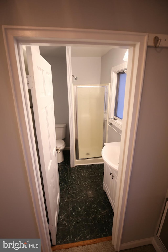 bathroom with vanity, toilet, and an enclosed shower