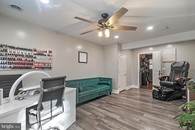 office space featuring hardwood / wood-style floors and ceiling fan