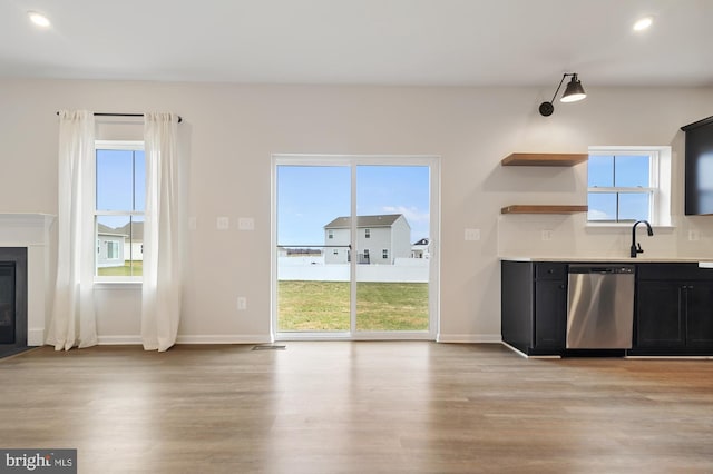 kitchen featuring stainless steel dishwasher, plenty of natural light, and light wood-type flooring