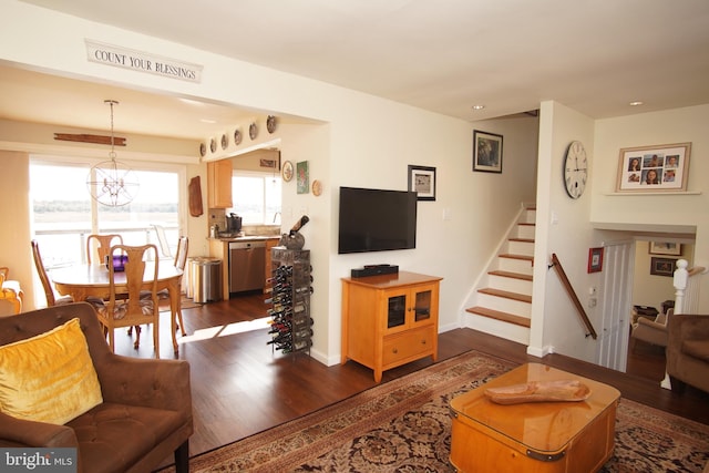 35 Walkill Rd, Little Egg Harbor Twp, NJ 08087 - living area with dark wood-style flooring, stairs, a chandelier, baseboards, and recessed lighting