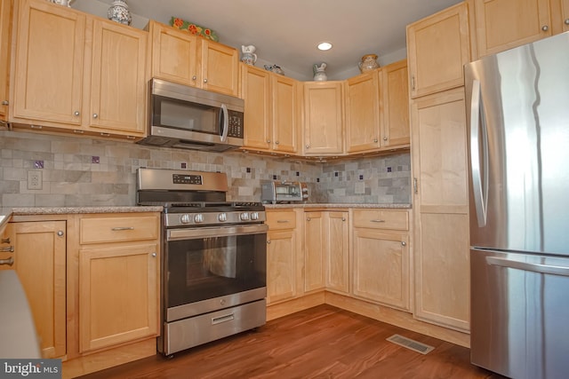 35 Walkill Rd, Little Egg Harbor Twp, NJ 08087 - kitchen featuring appliances with stainless steel finishes, light brown cabinets, dark wood finished floors, recessed lighting, and backsplash