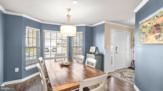 dining room with dark hardwood / wood-style floors and crown molding