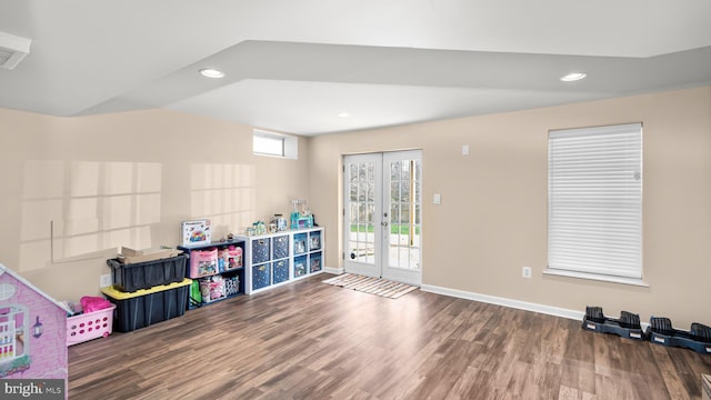 recreation room featuring french doors and wood-type flooring