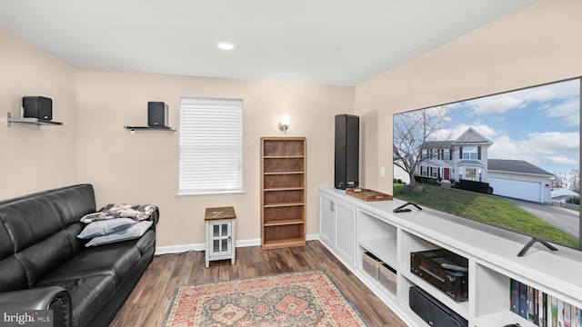 living room featuring dark wood-type flooring