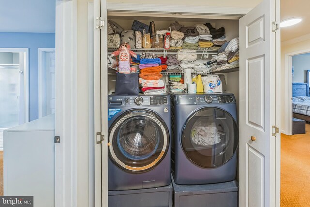 washroom featuring carpet flooring and washer and dryer